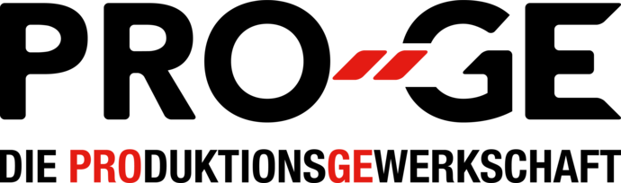Das Logo von Die Produktionsgewerkschaft in schwarz und rot